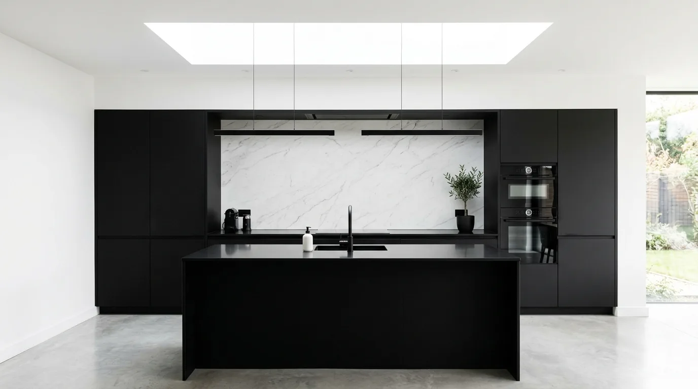 Modern black and white kitchen with handleless cabinets. White slab backsplash, integrated black appliances, and skylight illumination.