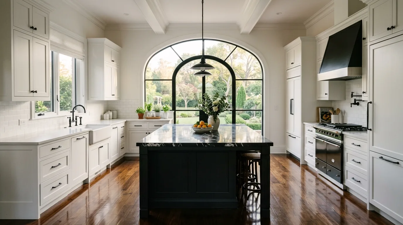 Classic black and white kitchen with arched window. White cabinetry, black marble island, polished floors, and soft morning light.