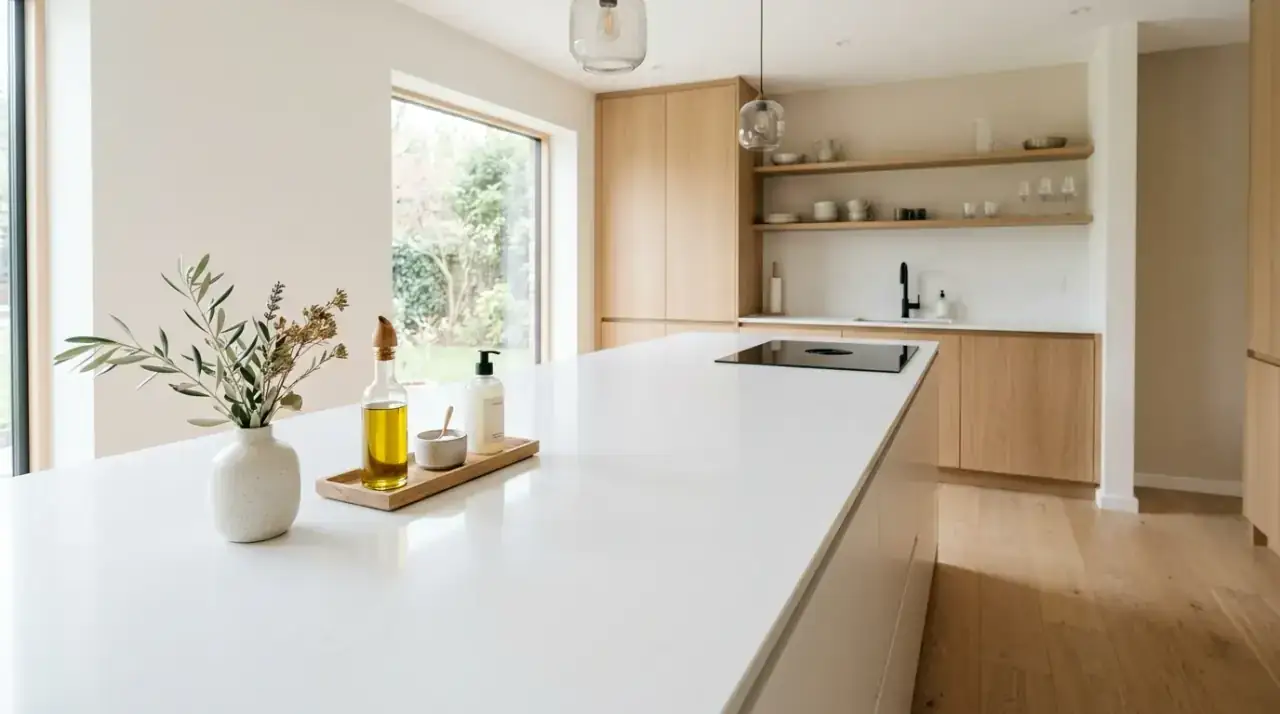 Clean kitchen counter organization creating a streamlined and clutter free look.