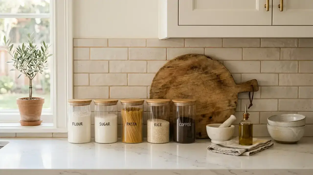 Tray organized kitchen counter. Streamlined countertop organization using trays for grouped items.