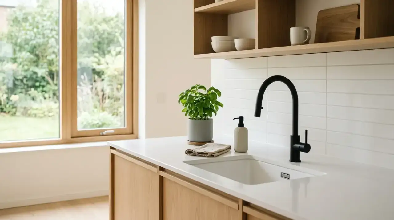 Appliance declutter kitchen counter. Clean kitchen counter with rarely used appliances moved off the surface.