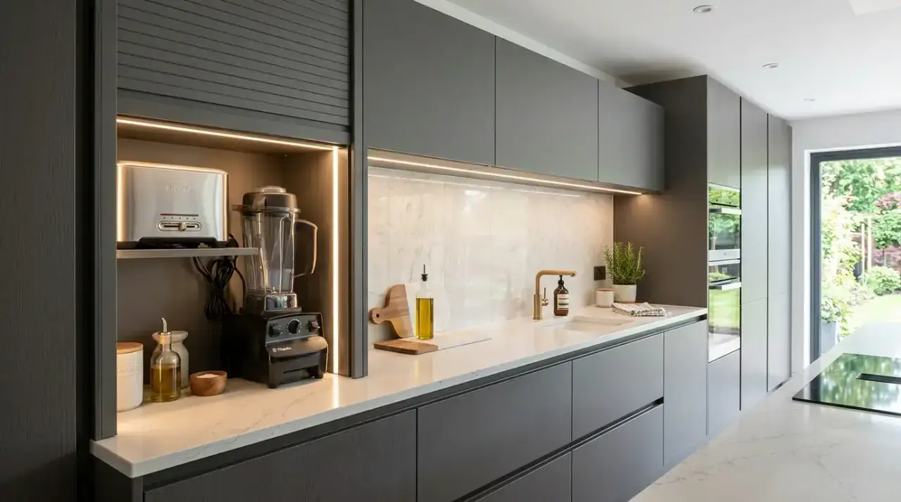 Beverage station counter organization. Streamlined kitchen counter with one organized beverage station.