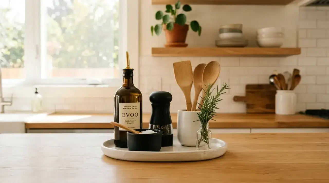 Vertical counter organization. Clean kitchen counter organization using vertical storage solutions.