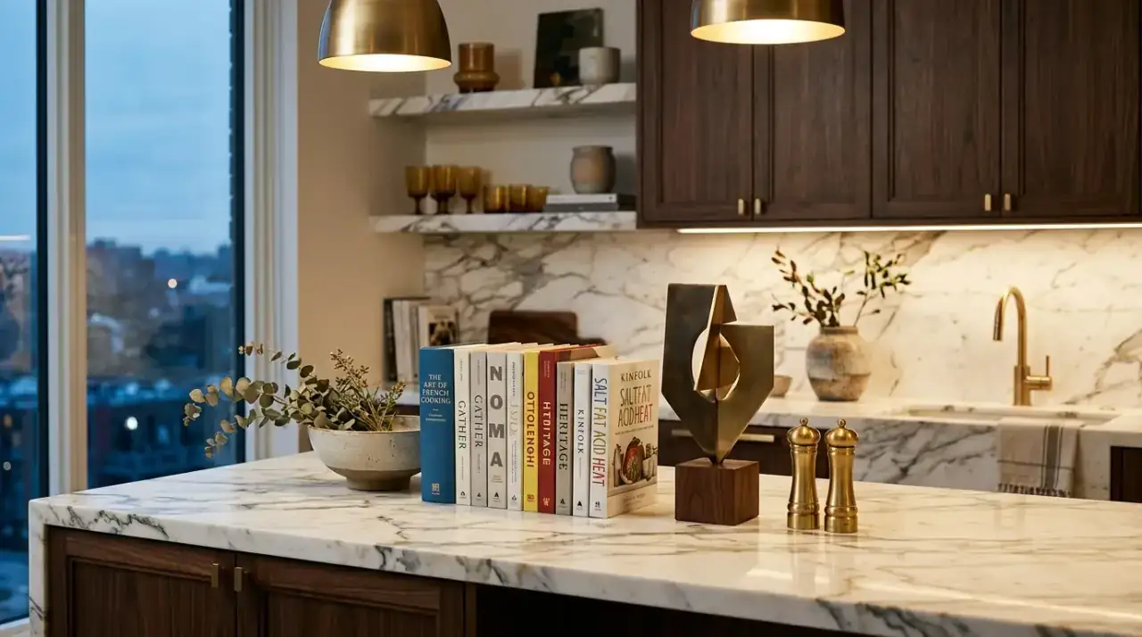 Coordinated kitchen counter containers. Streamlined kitchen counter with coordinated visible storage containers.