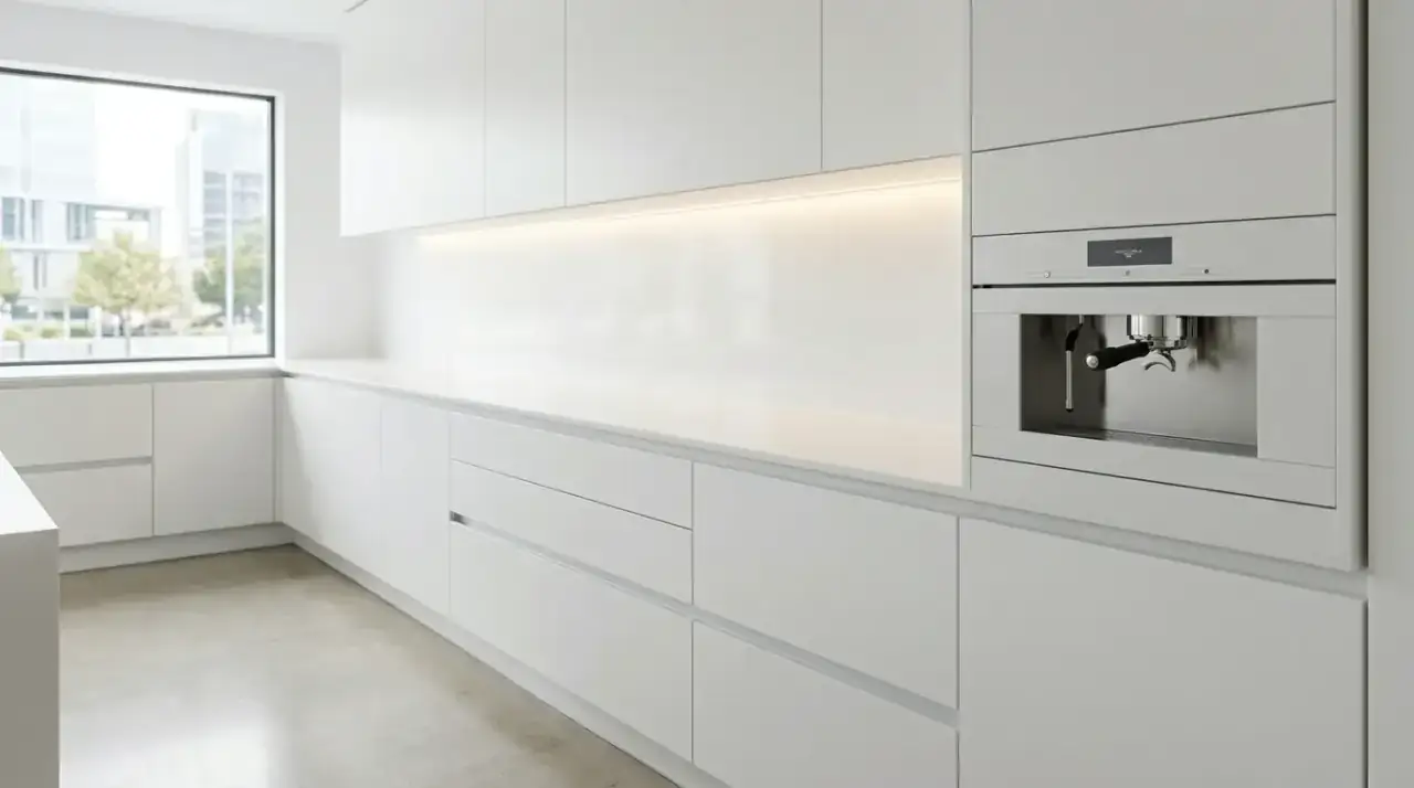 Useful decor on kitchen counter. Streamlined kitchen counter with restrained useful decor.