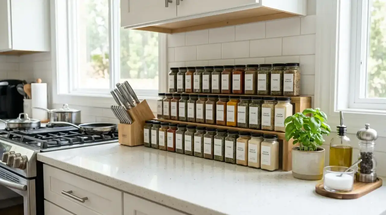 Kitchen counter cord organization. Clean kitchen counter with hidden cords and less visual clutter.