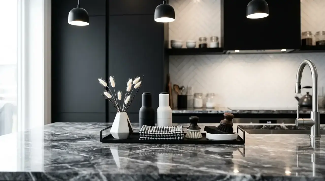 Sink edge organization. Streamlined kitchen counter organization around the sink area.
