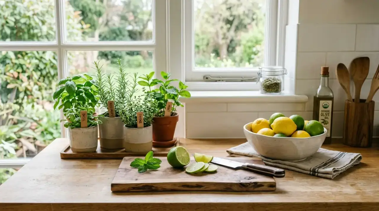 Daily counter reset. Clean kitchen counter maintained through a simple daily reset.