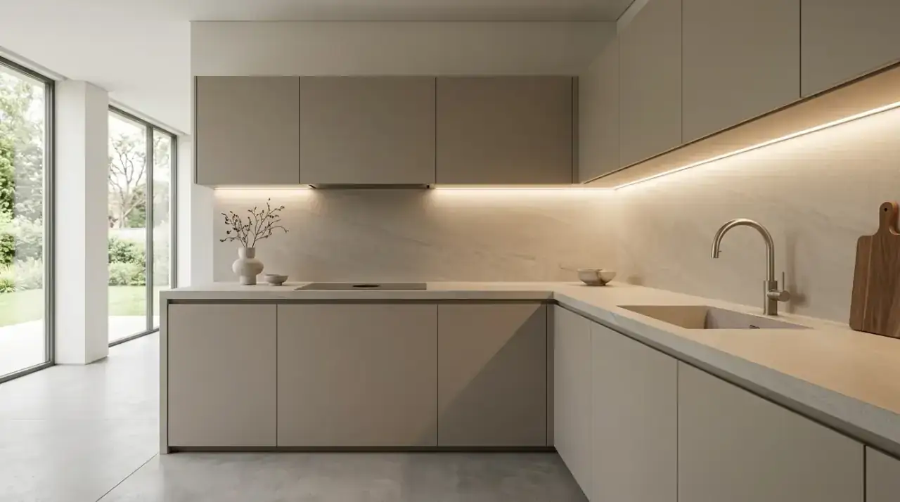 Material driven kitchen counter look. Streamlined counter organization supported by strong kitchen materials.