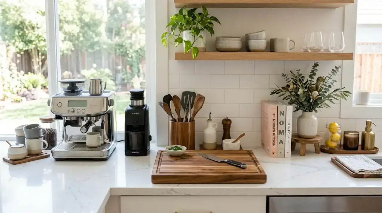 Counter organization overview. Clean kitchen counter organization ideas for a streamlined overall look.