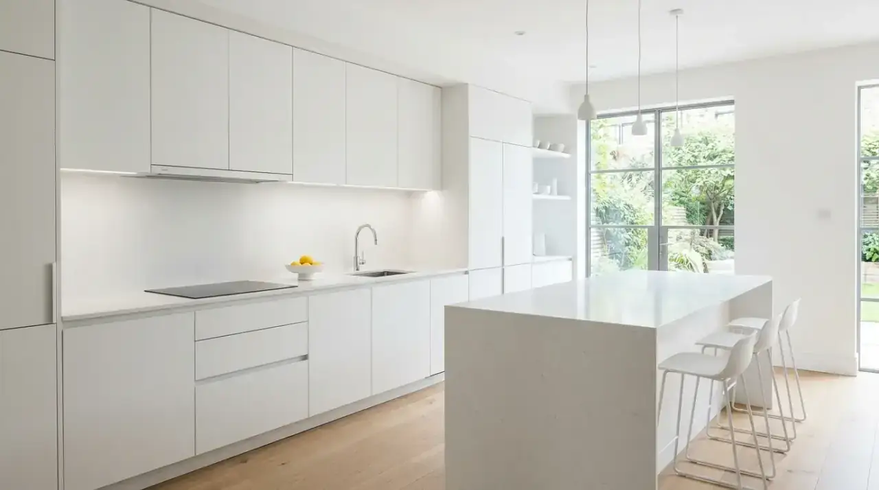 Clean modern minimalist kitchen with quiet tones, seamless storage, and a serene atmosphere.