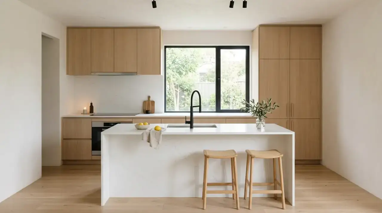 Wood and white minimalist kitchen. Warm timber accents softening a clean modern kitchen palette.