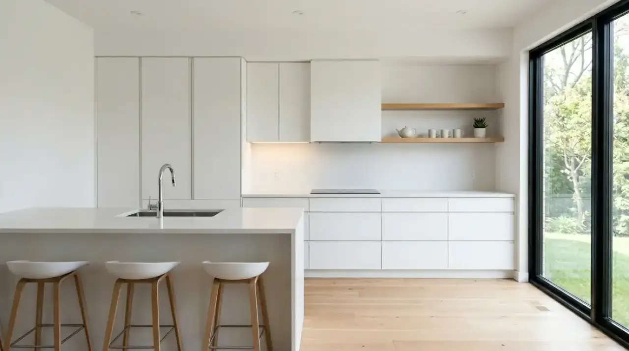 Slab backsplash minimalist kitchen. Seamless stone wall creating a more serene minimalist kitchen backdrop.