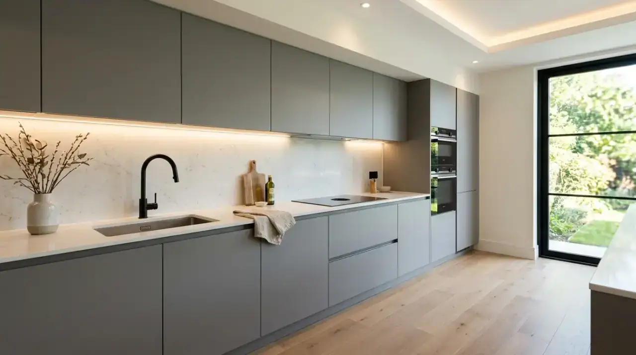 Minimalist kitchen island. Clean-lined island adding sculptural calm to a modern kitchen.