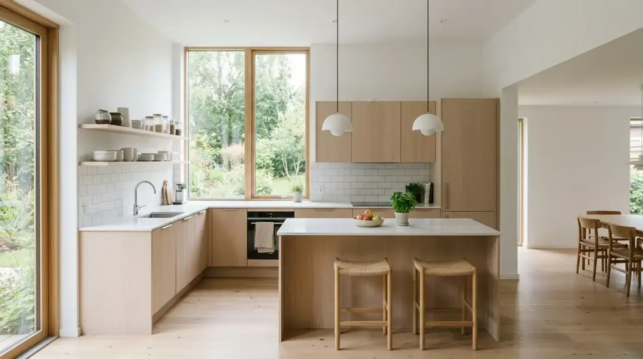 Concealed storage kitchen. Hidden cabinetry keeping a minimalist kitchen cleaner and quieter.
