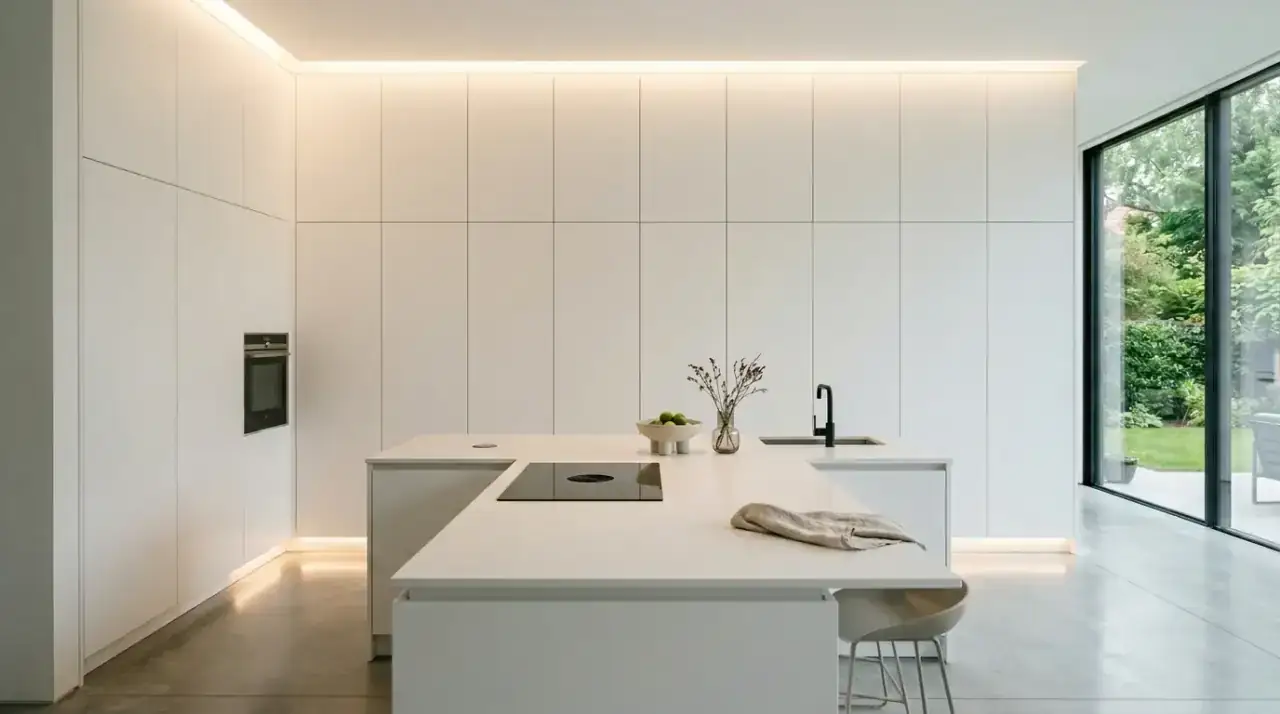 Minimal open shelving kitchen. Restrained open shelving softening a clean modern kitchen.