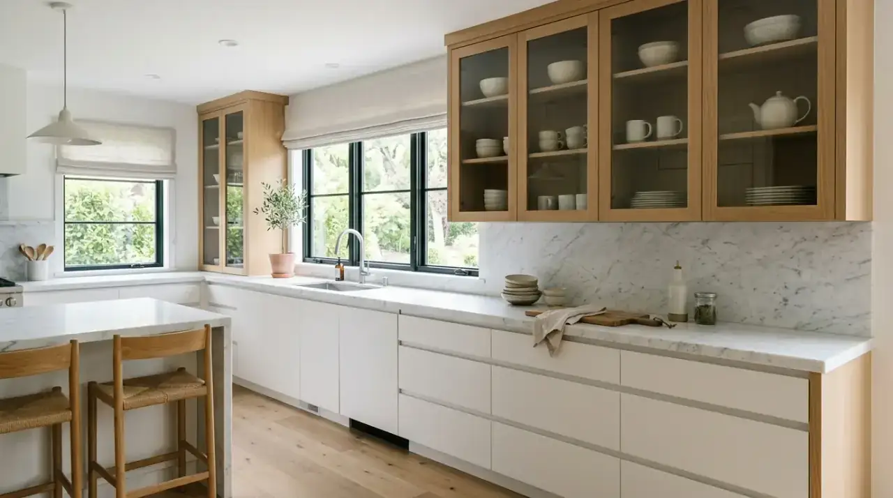 Soft-lit minimalist kitchen. Layered gentle lighting warming a serene modern kitchen.