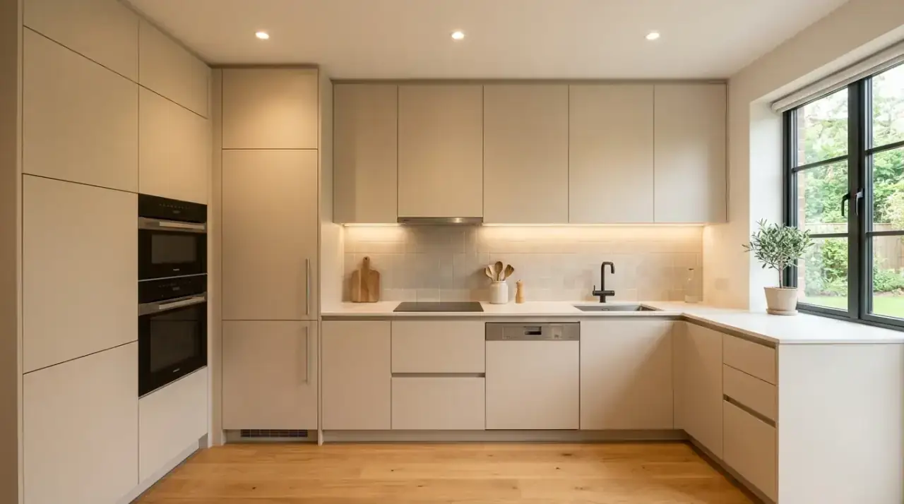 Minimal kitchen flooring. Quiet pale flooring grounding a clean modern kitchen interior.