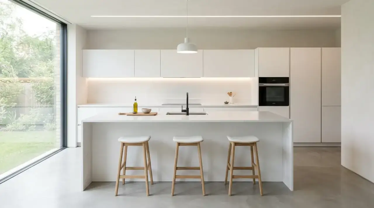 Monochrome minimalist kitchen. Tone-on-tone kitchen with subtle textures and calm material contrast.