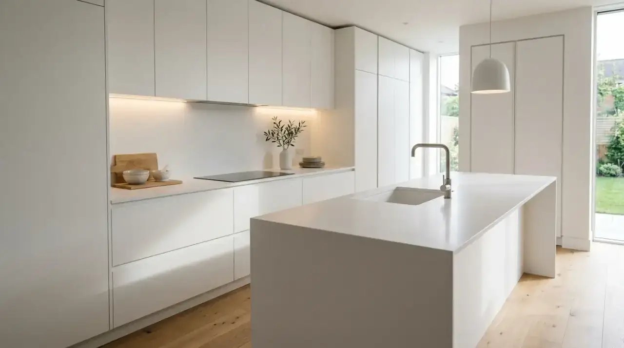 Minimalist island dining ledge. Integrated seating surface maintaining a clean modern kitchen layout.