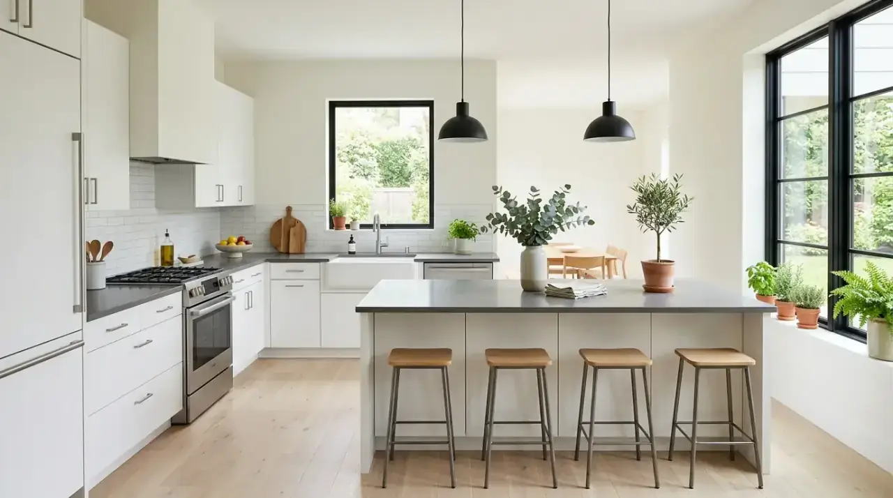 Minimalist family kitchen. Clean modern kitchen designed to stay calm through daily family routines.