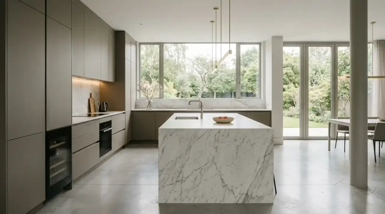 Serene minimalist kitchen overview. Warm modern minimalist kitchen balancing simplicity, storage, and calm.