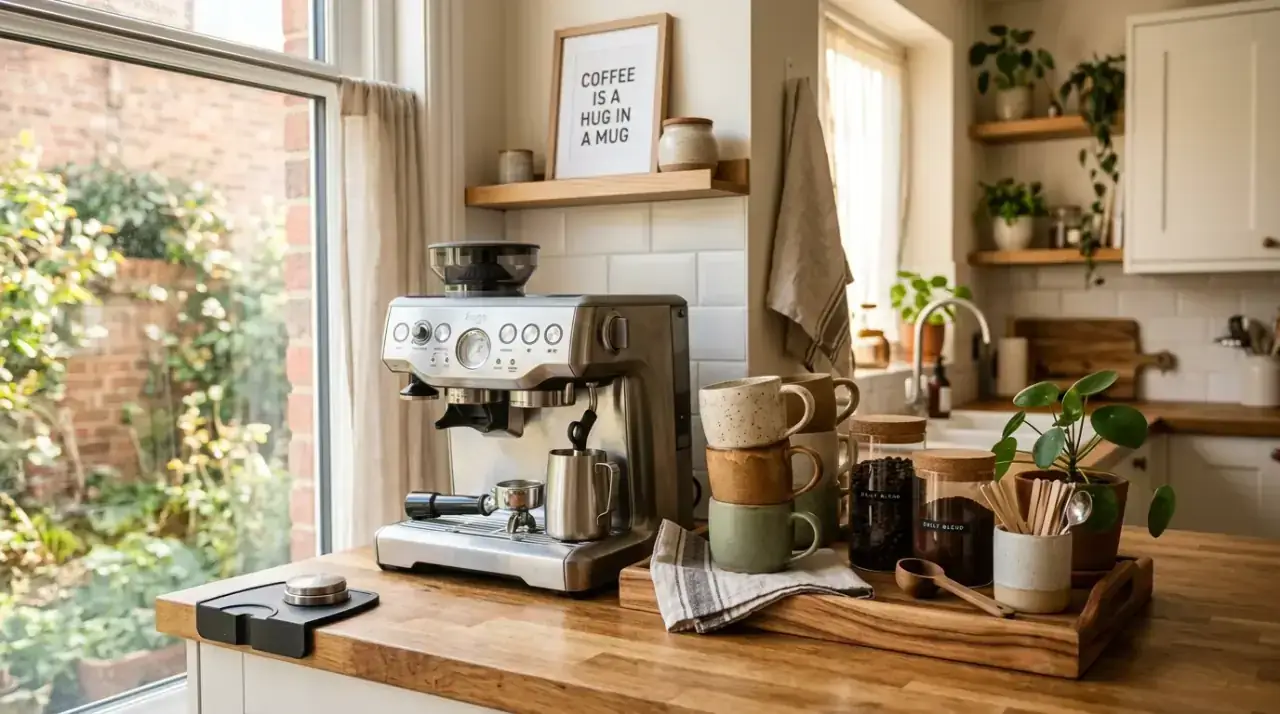 Clever kitchen counter coffee bar creating a tidy and attractive morning station.