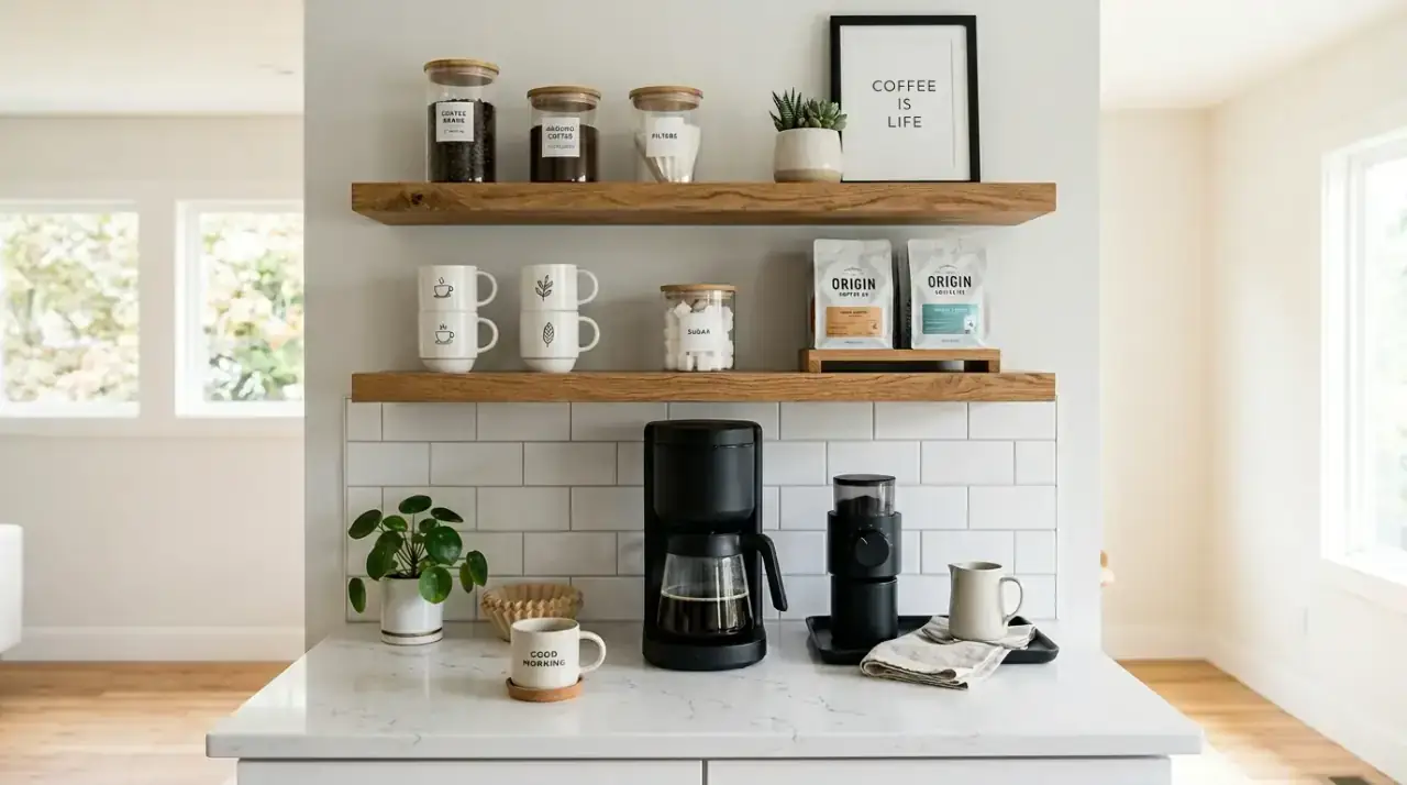 Tray styled coffee bar. Kitchen counter coffee station neatly organized on a tray.