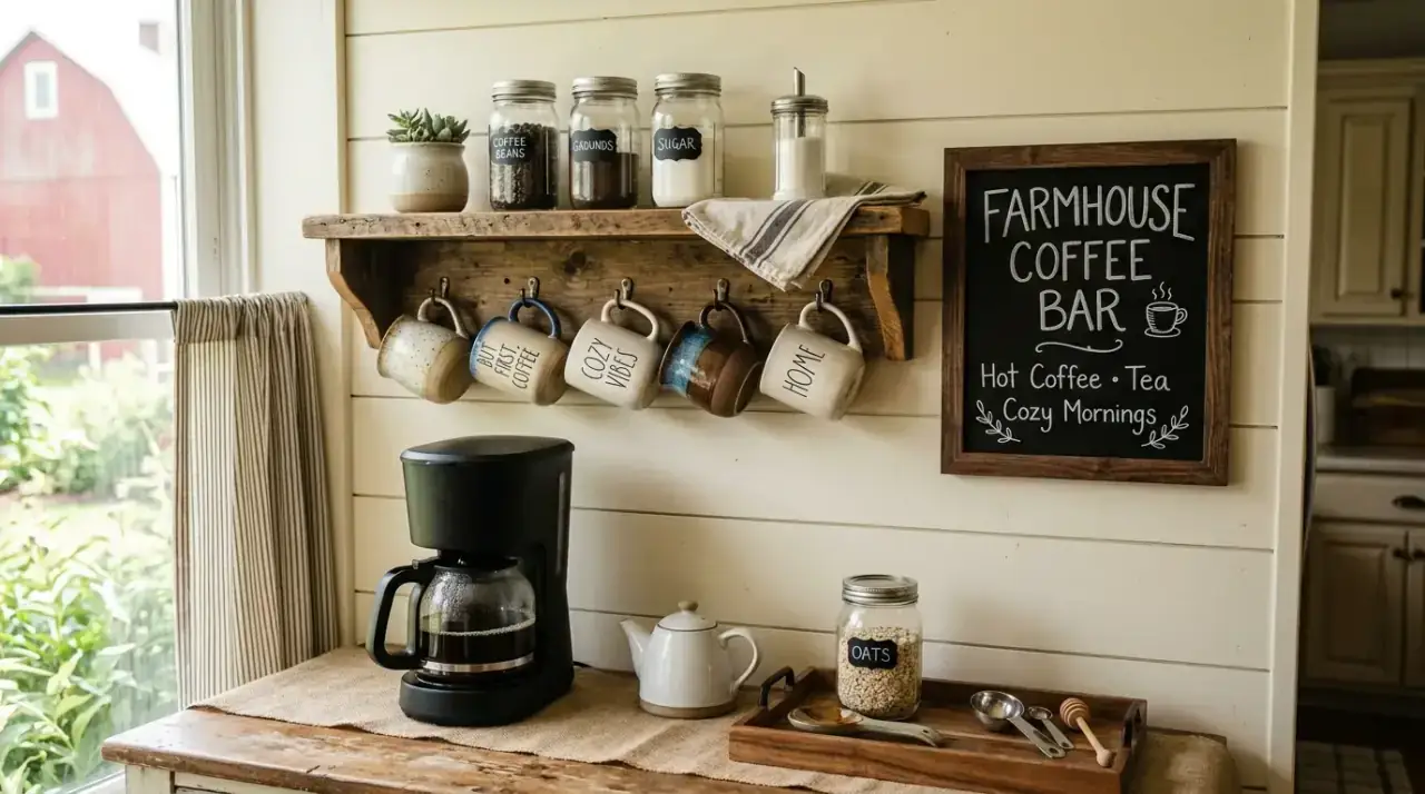 Mug storage coffee station. Clever coffee bar with mugs stored neatly near the kitchen counter setup.