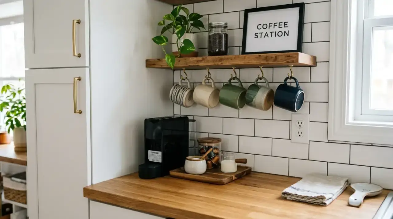 Matching jars coffee bar. Kitchen coffee bar styled with coordinated jars for beans sugar and pods.