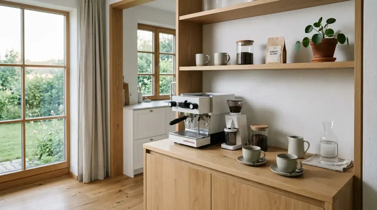 Well placed kitchen coffee bar. Counter coffee station placed near power and water access for convenience.