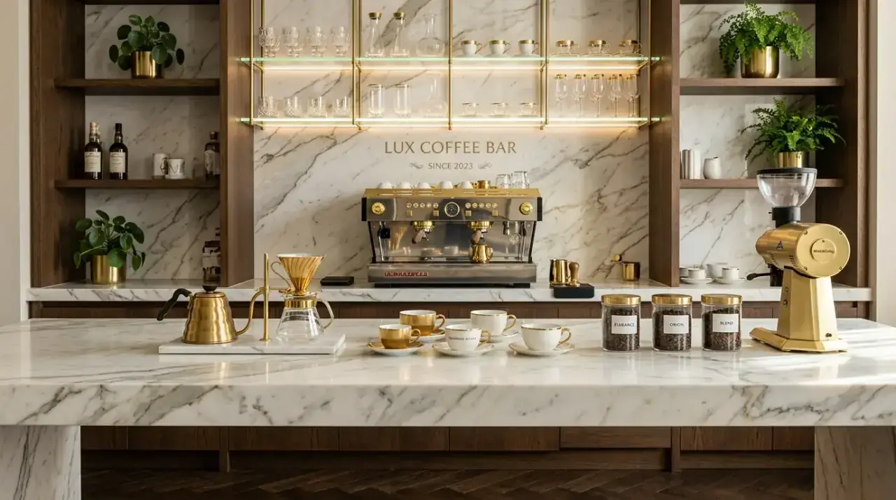 Decor for coffee bar counter. Kitchen coffee station with a small decorative accent for personality.