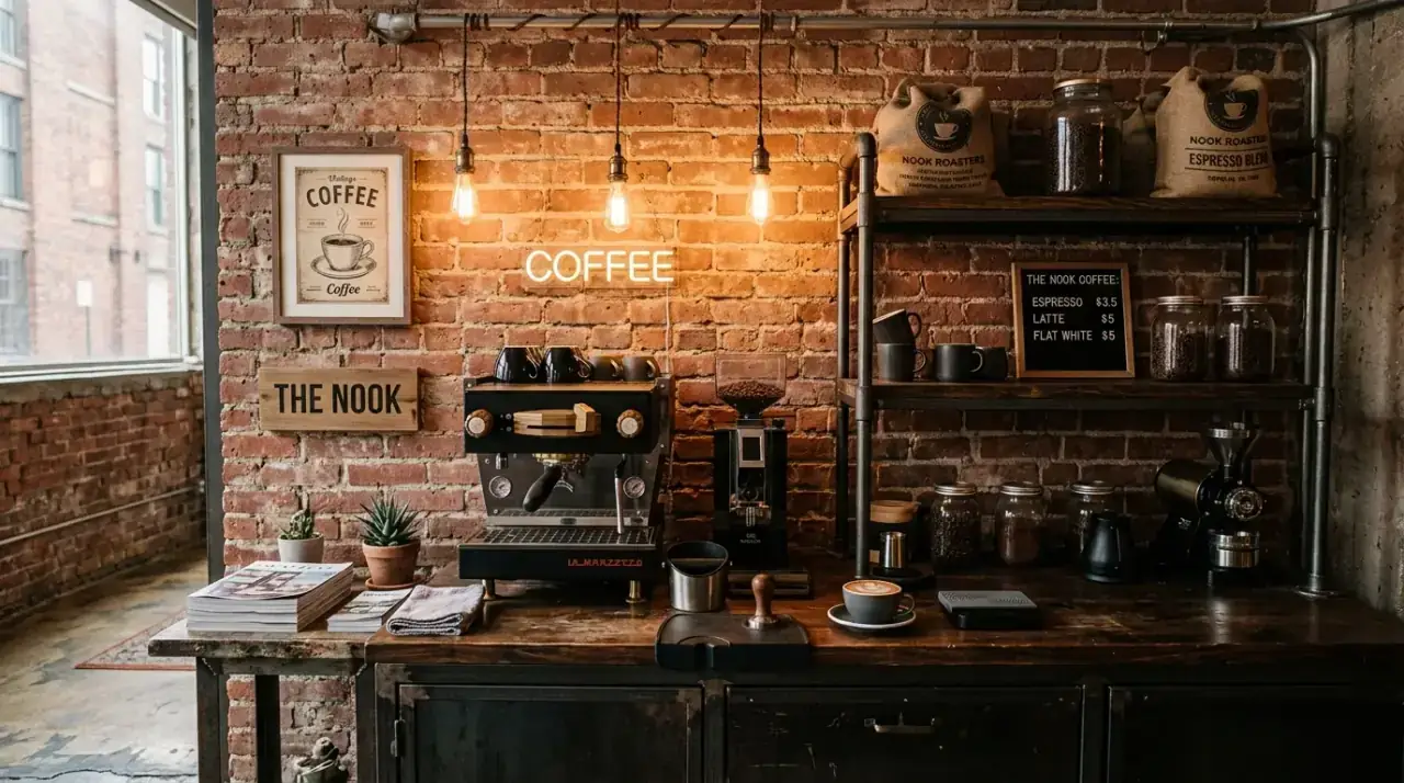 Vertical coffee bar storage. Clever kitchen coffee bar using vertical shelf space above the counter.