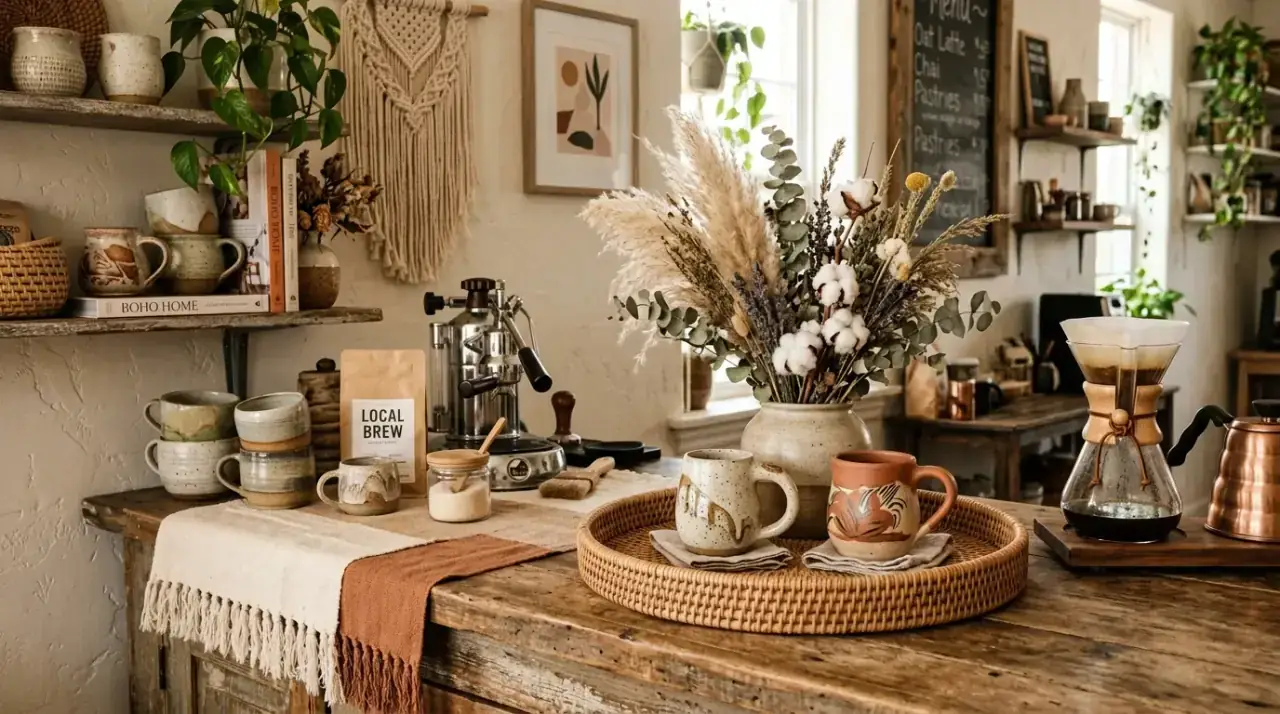 Warm coffee bar materials. Kitchen counter coffee bar warmed by wood and brass details.