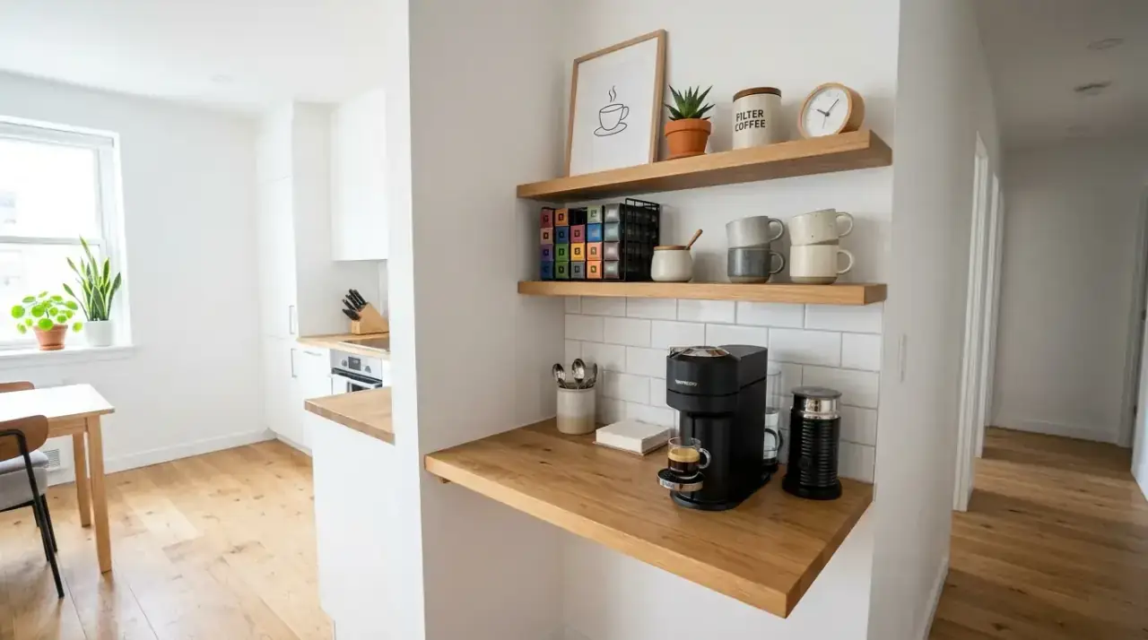 Coffee station extras storage. Morning coffee station with spoons and napkins stored neatly nearby.