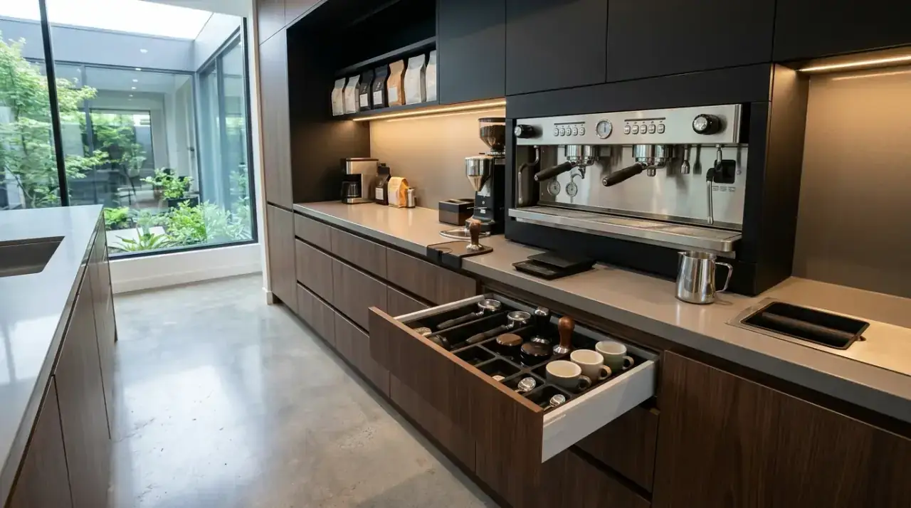 Coffee bar matched to kitchen style. Morning station styled to match the kitchen's overall design language.