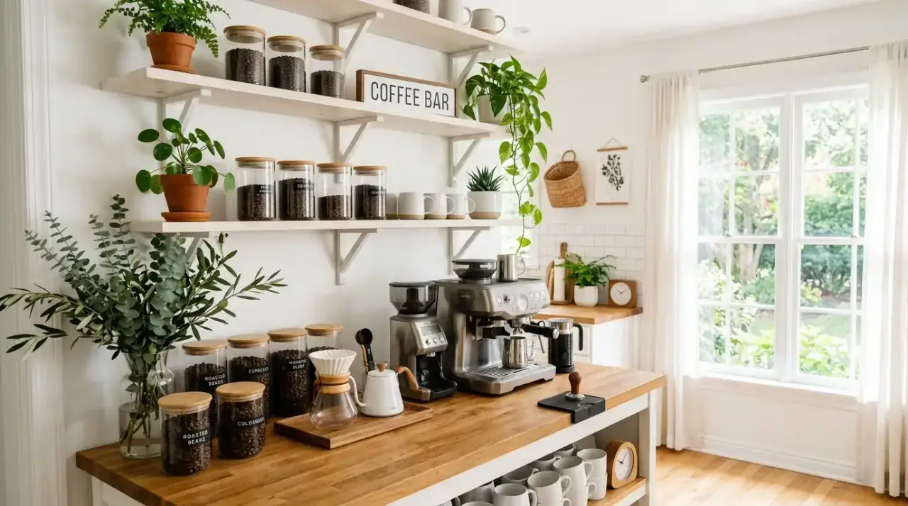Statement coffee machine. Kitchen counter coffee bar centered around one standout coffee machine.