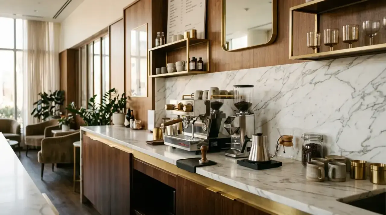 Coffee bar overview. Clever kitchen counter coffee bar creating a beautiful efficient morning station.