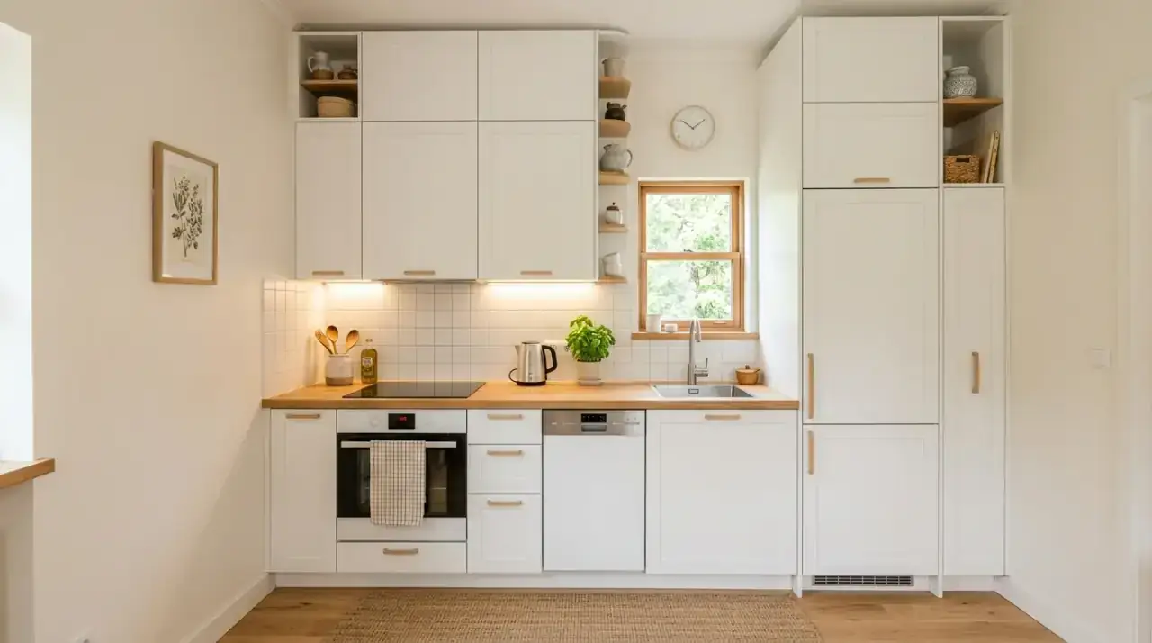 Light cabinets compact kitchen. Bright cabinetry helping a small apartment kitchen feel more open.