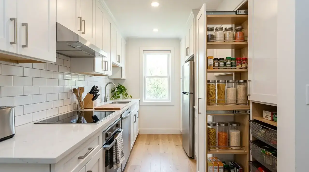 Vertical storage compact kitchen. Upper-wall organization adding capacity to a small-home kitchen.