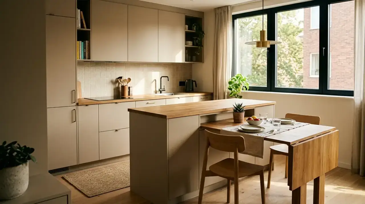 Compact appliances small kitchen. Right-sized kitchen equipment preserving space in an apartment layout.