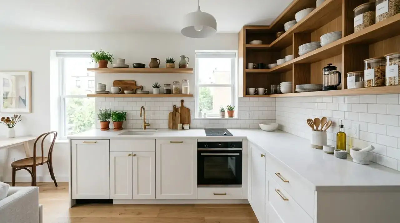 Drawer storage compact kitchen. Accessible storage making a small kitchen work more efficiently.