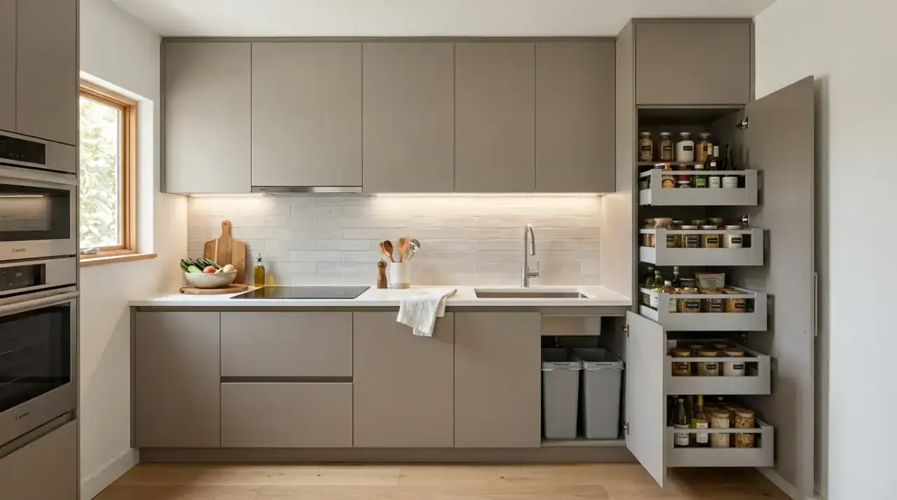 Selective open shelving compact kitchen. Lighter wall storage helping a small kitchen feel more airy.