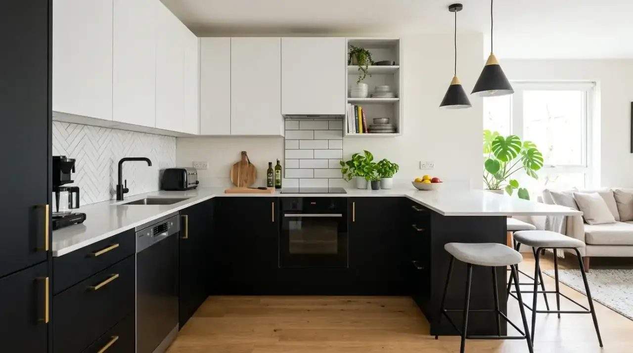 Fold-out prep surface compact kitchen. Flexible work area adding function to an apartment kitchen.