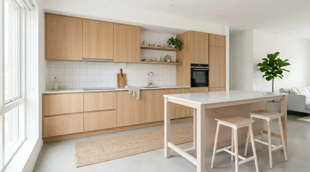 Backsplash storage compact kitchen. Wall-mounted tools improving function in a small apartment kitchen.