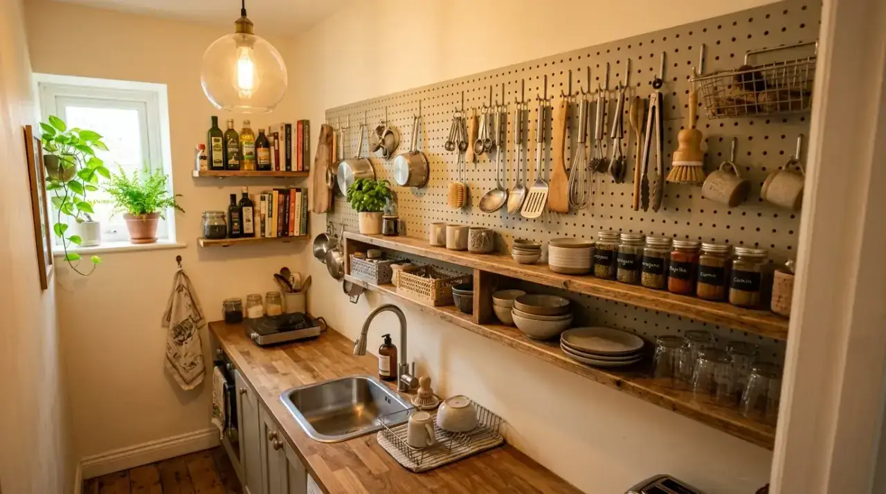 Quiet palette compact kitchen. Controlled color helping a small kitchen feel calmer and more spacious.