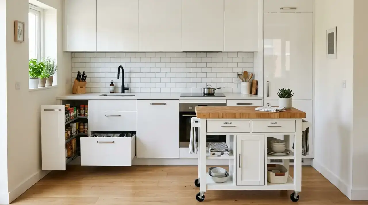 Small dining spot compact kitchen. Tiny seating area adding function to a compact home kitchen.