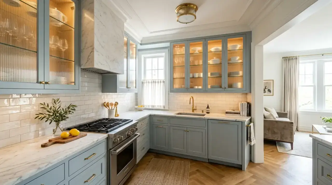 Lighting in compact kitchen. Better illumination helping a small apartment kitchen feel more open.