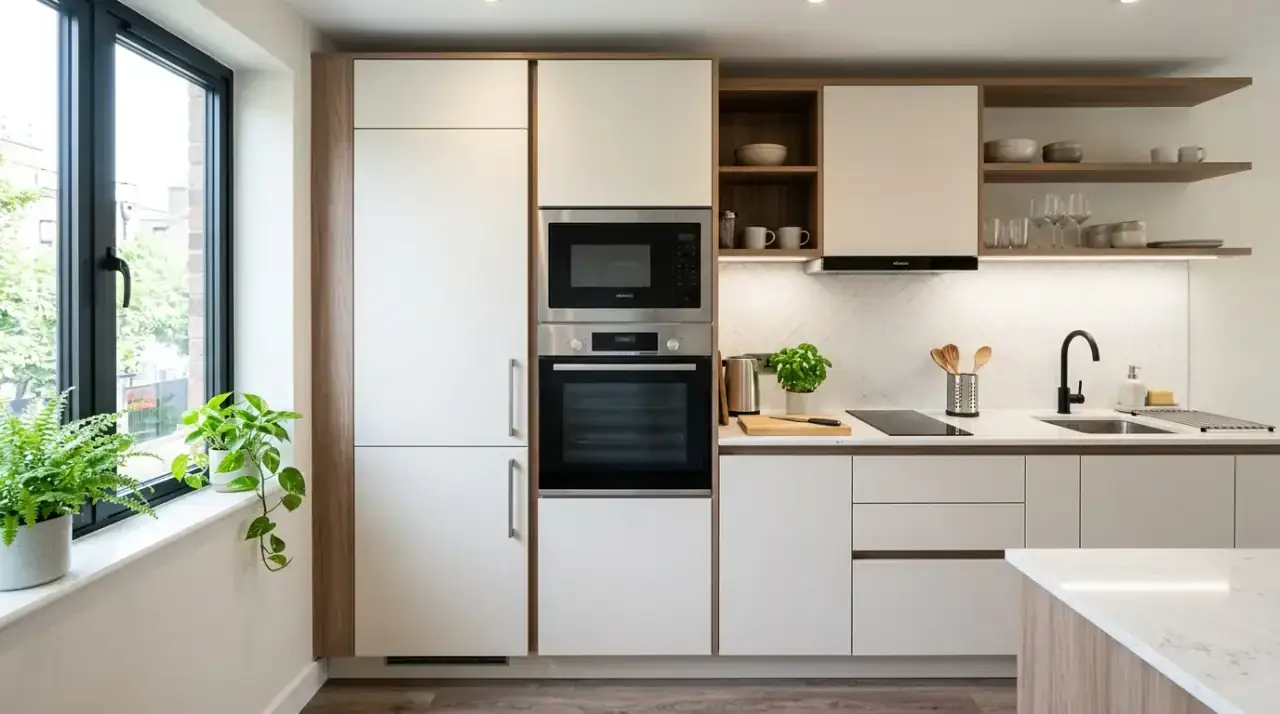 Wood accents compact kitchen. Natural materials warming a small and efficient kitchen layout.