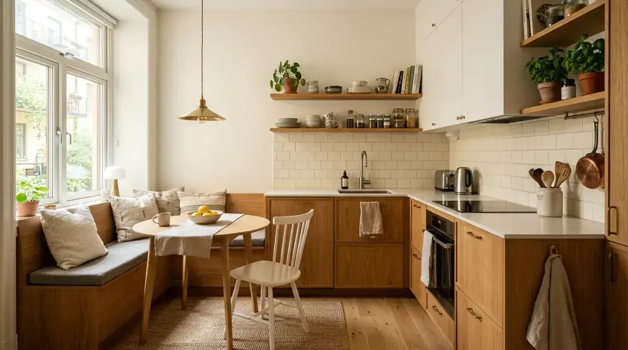 Organized compact kitchen. Hidden order helping a small kitchen feel cleaner and more controlled.